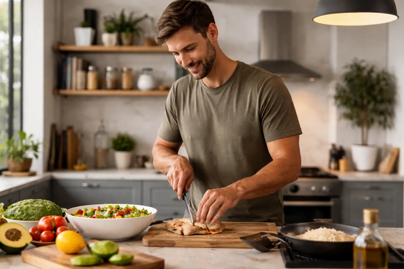 Homem preparando uma refeição simples na cozinha