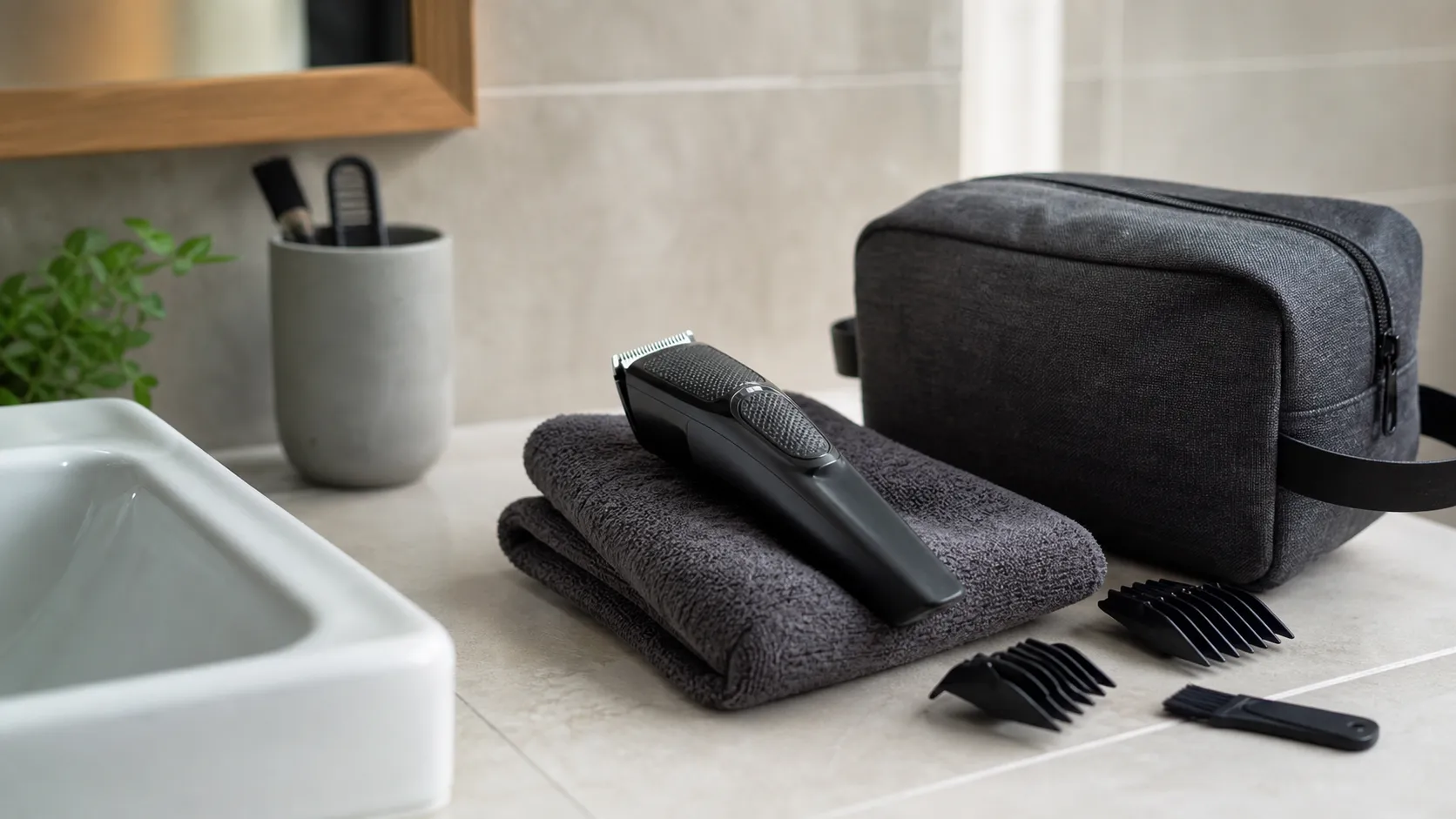 Aparador de pelos masculino sem marca sobre toalha escura em bancada de banheiro limpa, com pentes e nécessaire