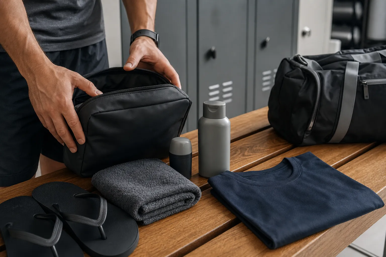Kit de banho pós-treino organizado em banco de vestiário com nécessaire preta, toalha, desodorante, chinelo, camiseta dobrada e mochila