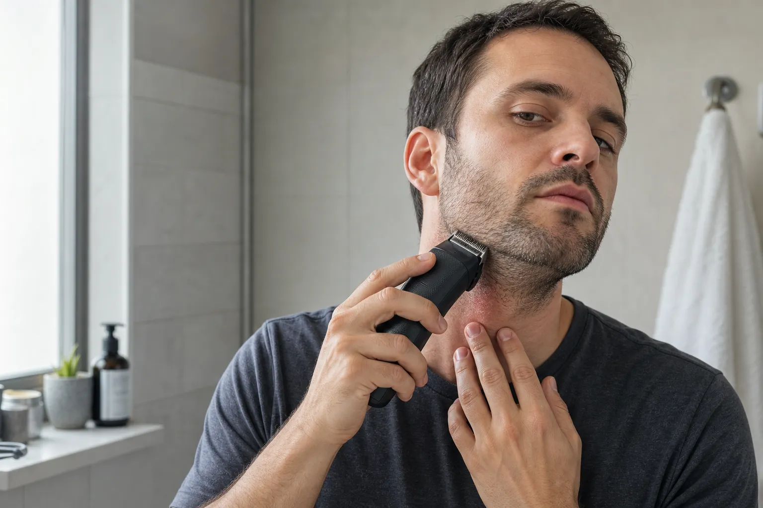 Homem aparando a barba no banheiro com luz natural