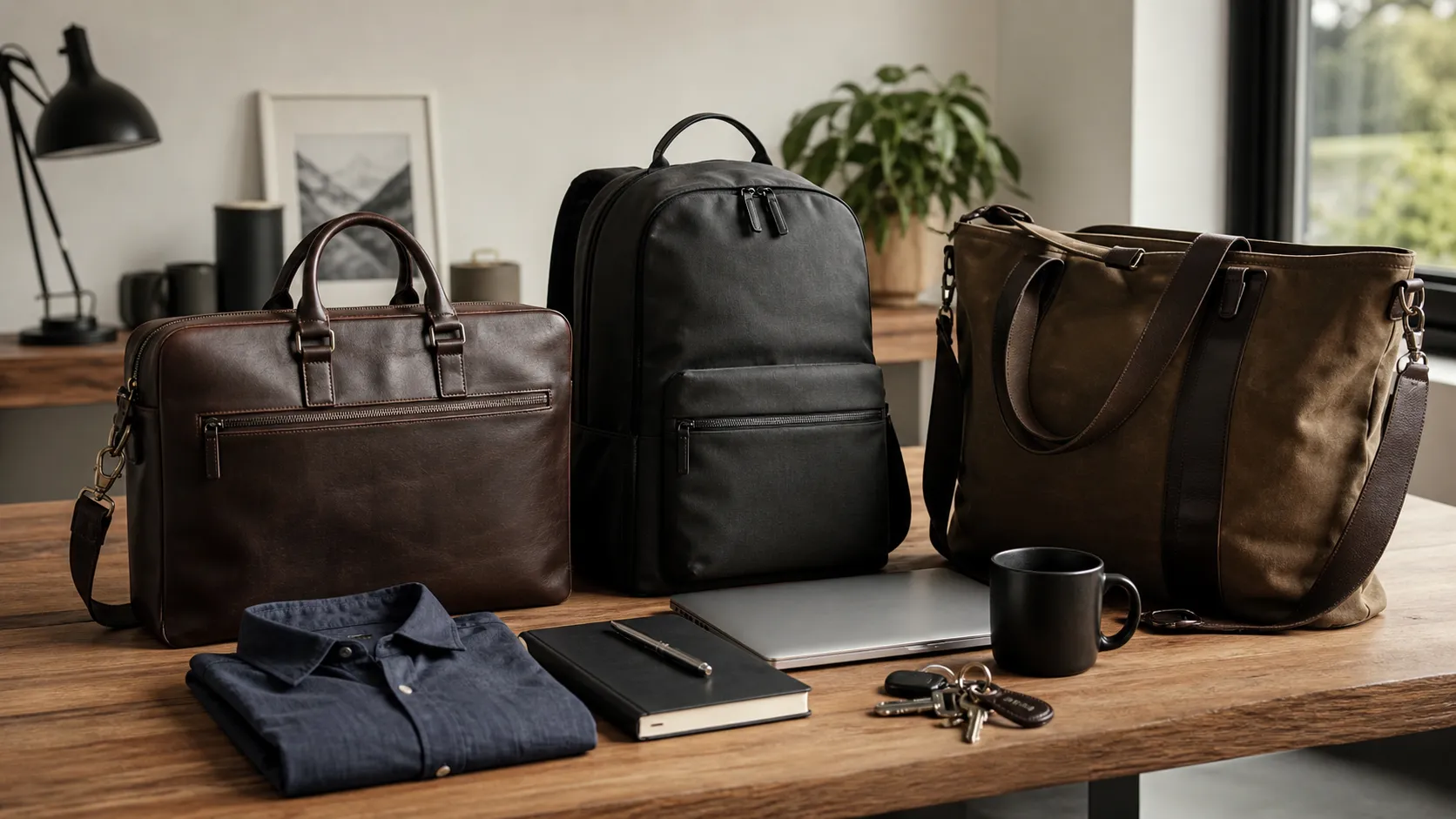 Pasta, mochila e bolsa masculina de trabalho sobre mesa de madeira com notebook e camisa dobrada
