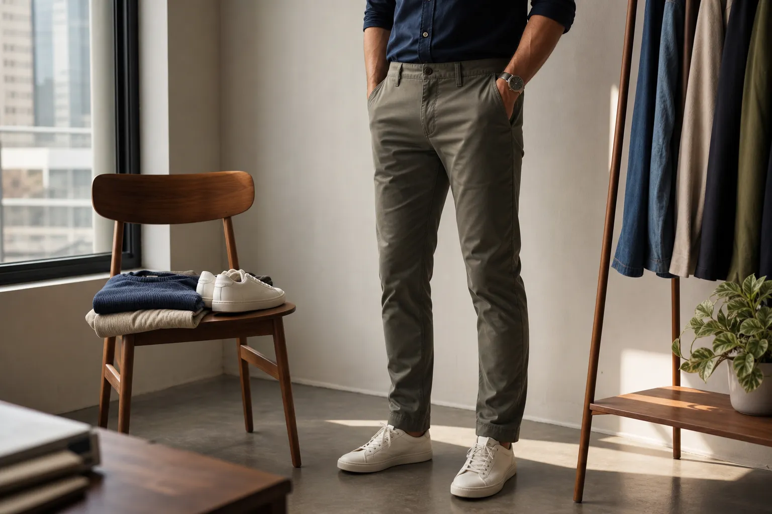 Homem usando calça casual verde-oliva com camisa azul e tênis branco em ambiente urbano