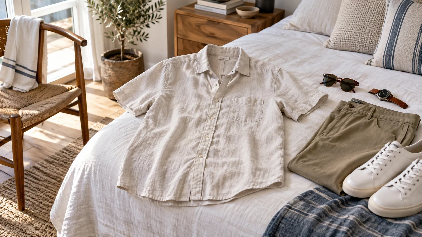 Camisa masculina leve sobre cama clara com calca, tenis, relogio e oculos ao lado