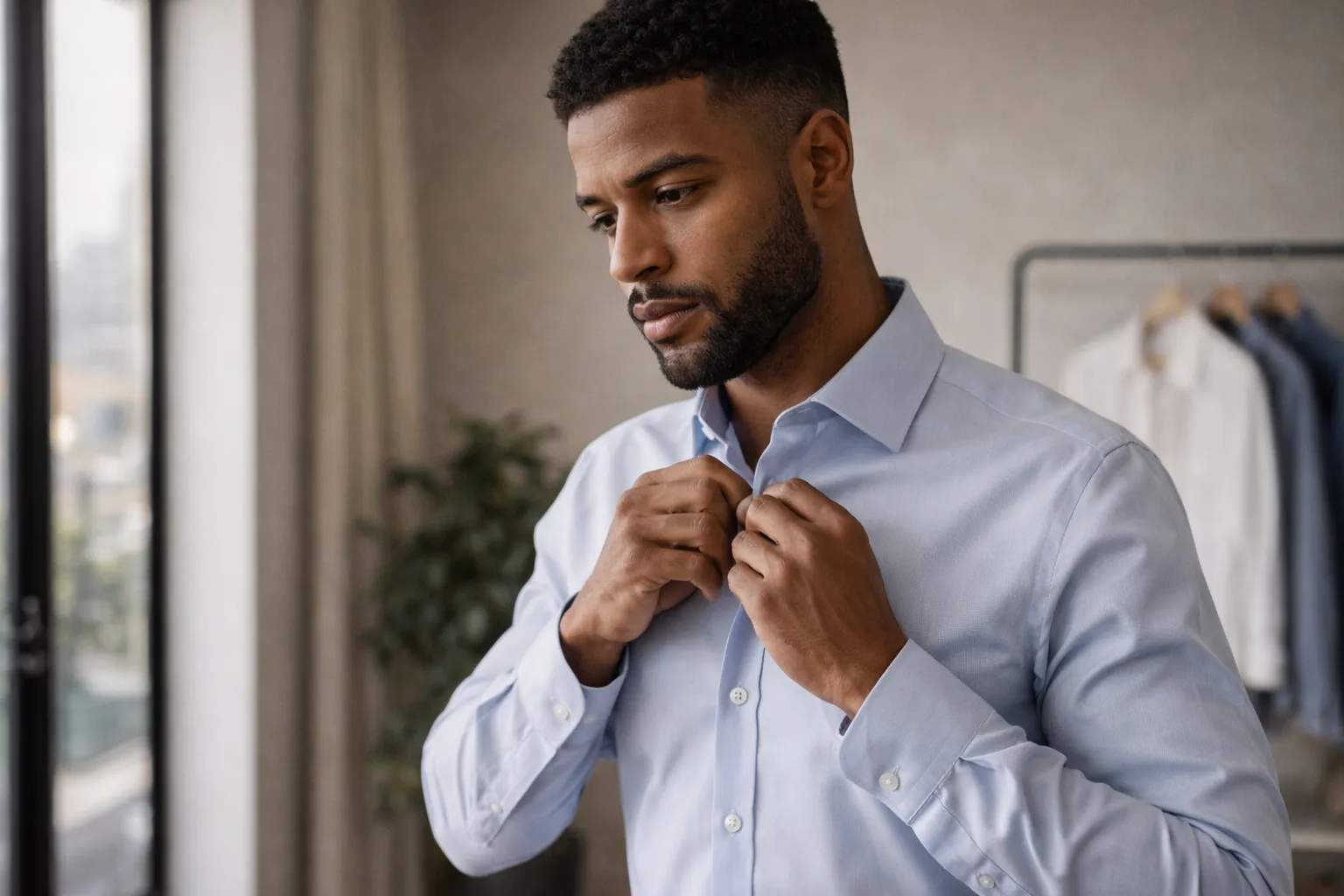 Homem ajustando camisa bem alinhada