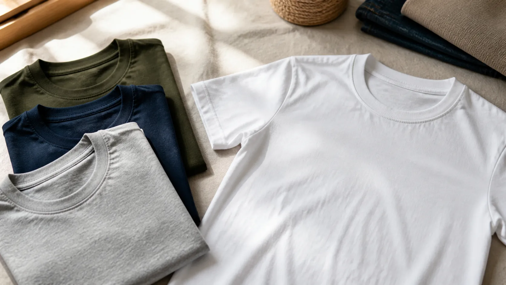 Camisetas masculinas básicas branca, cinza, azul e verde dobradas sobre tecido claro