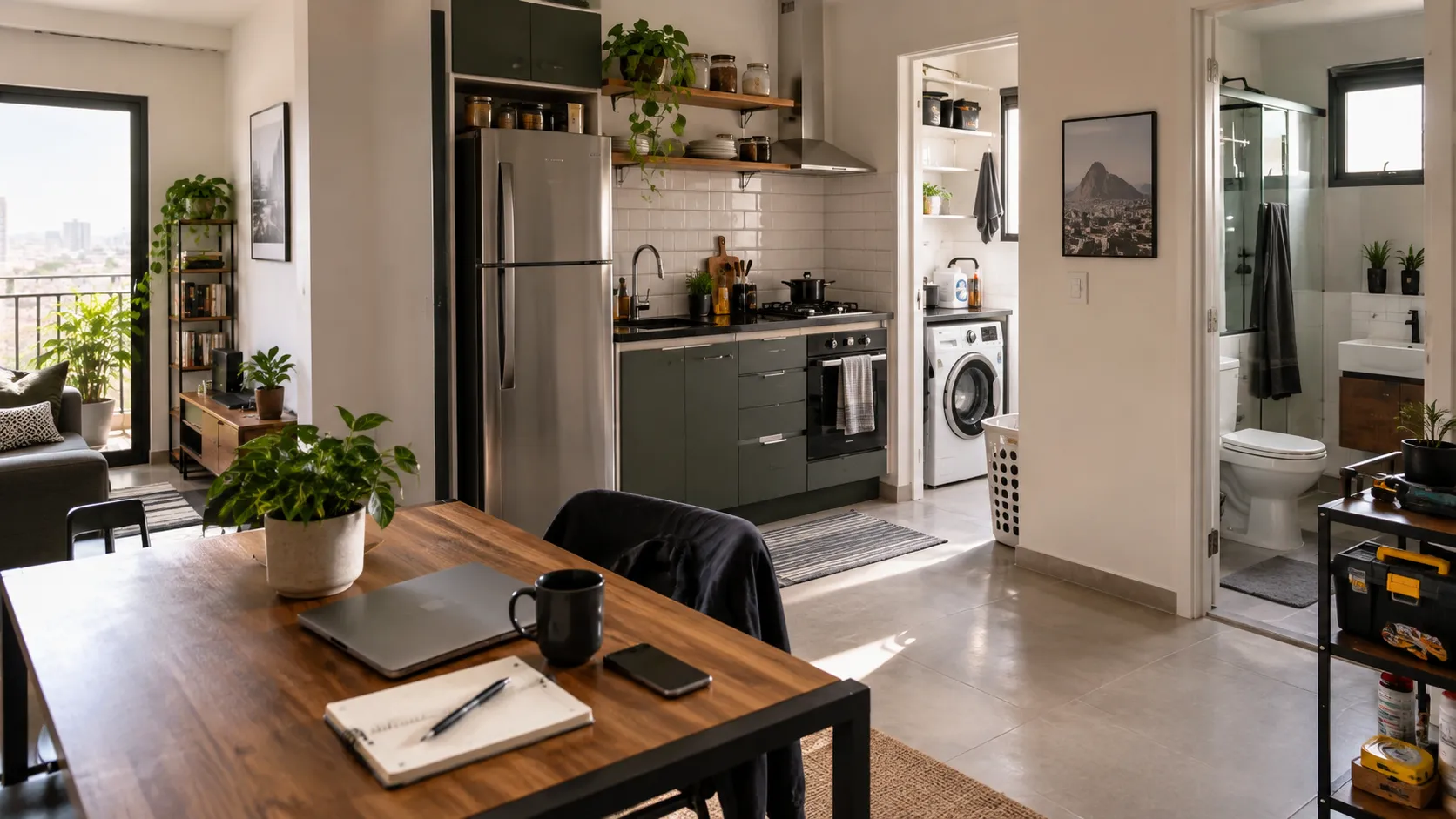 Apartamento pequeno organizado com cozinha compacta, lavanderia, banheiro e mesa funcional