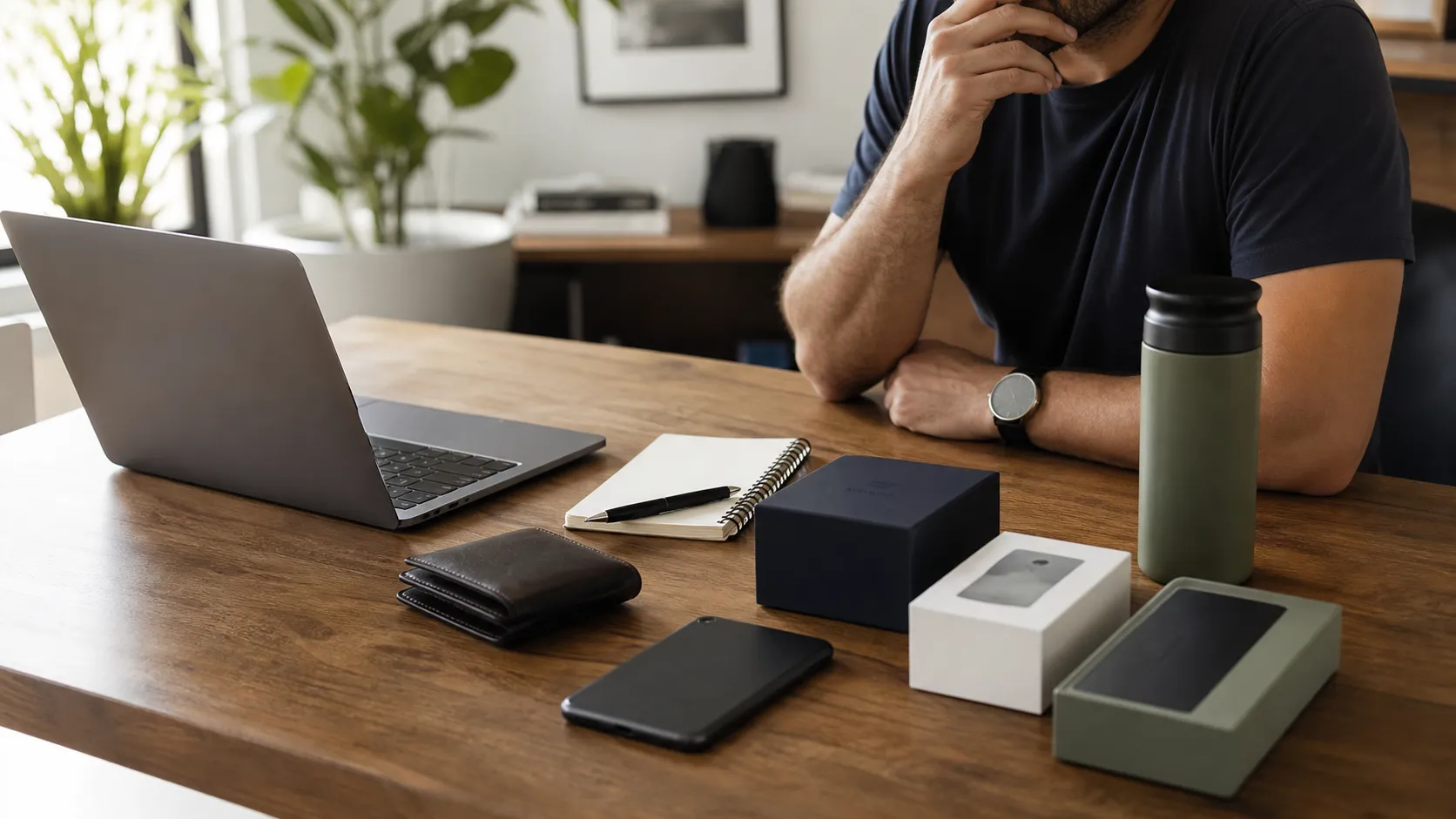 Homem analisando compras em uma mesa de madeira com notebook, caderno, carteira, celular e caixas simples de produtos sem marca