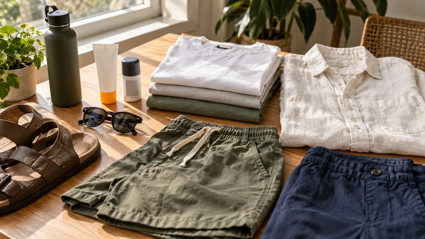 Mesa clara com camiseta leve, camisa, protetor solar, garrafa, desodorante, oculos e itens para clima quente