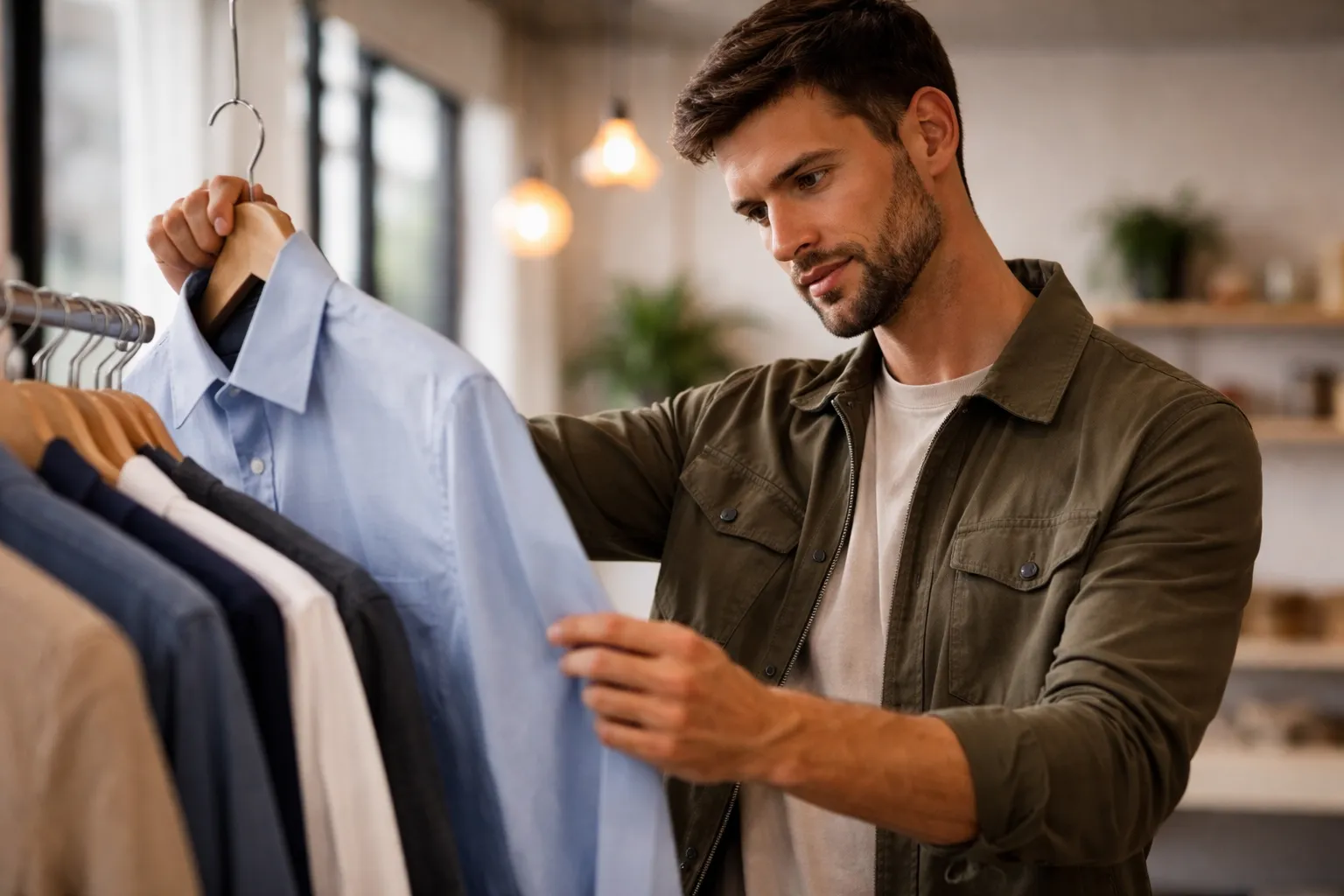 Homem escolhendo roupas com atenção e simplicidade