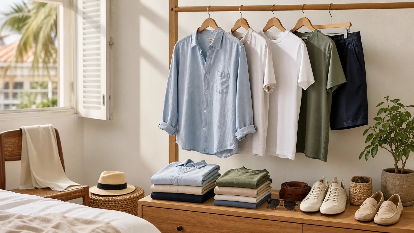 Guarda-roupa claro com camisa leve, camisetas, bermuda, calça, tênis, mocassim, cinto e óculos de sol em clima quente
