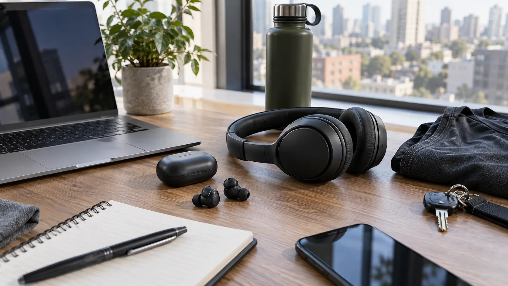 Fones de ouvido sobre mesa com notebook, garrafa, roupa de treino e itens de rotina