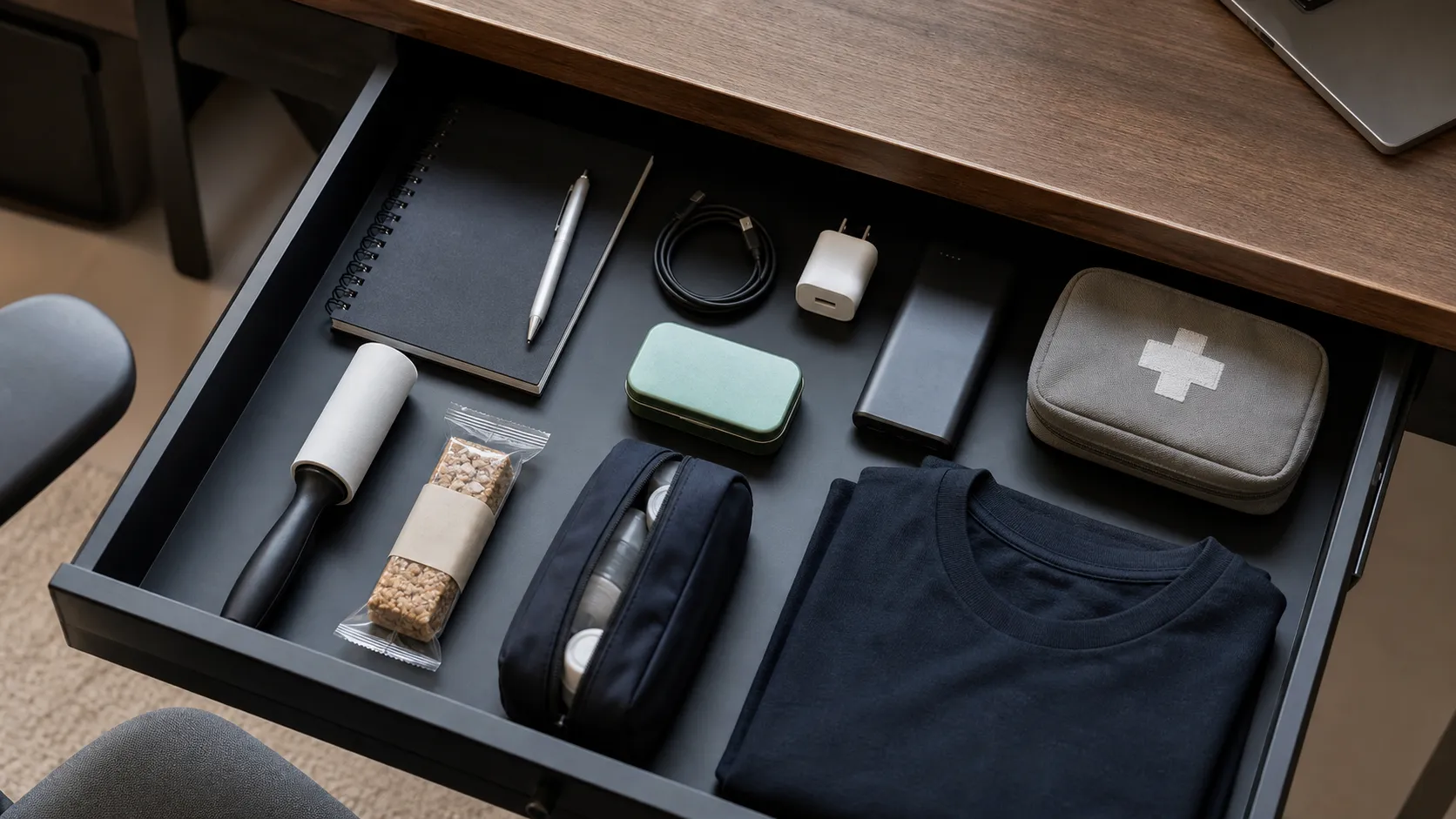 Gaveta de mesa organizada com caderno, caneta, carregador, cabo, power bank, kit de primeiros socorros, lanche, nécessaire e camiseta dobrada