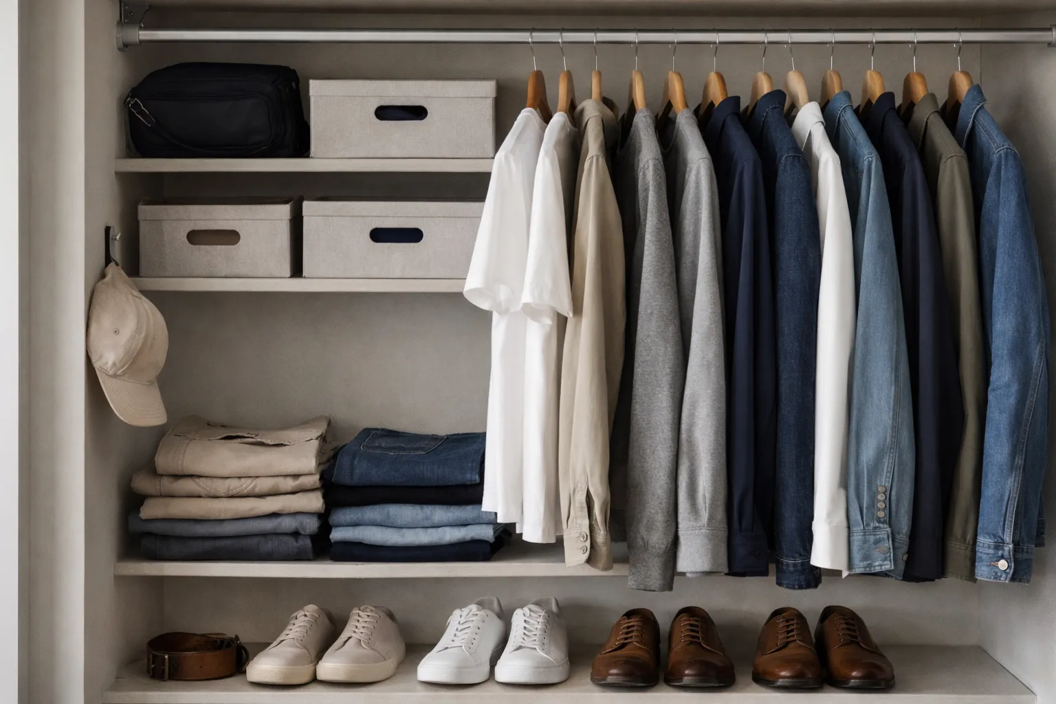 Guarda-roupa masculino organizado com peças básicas