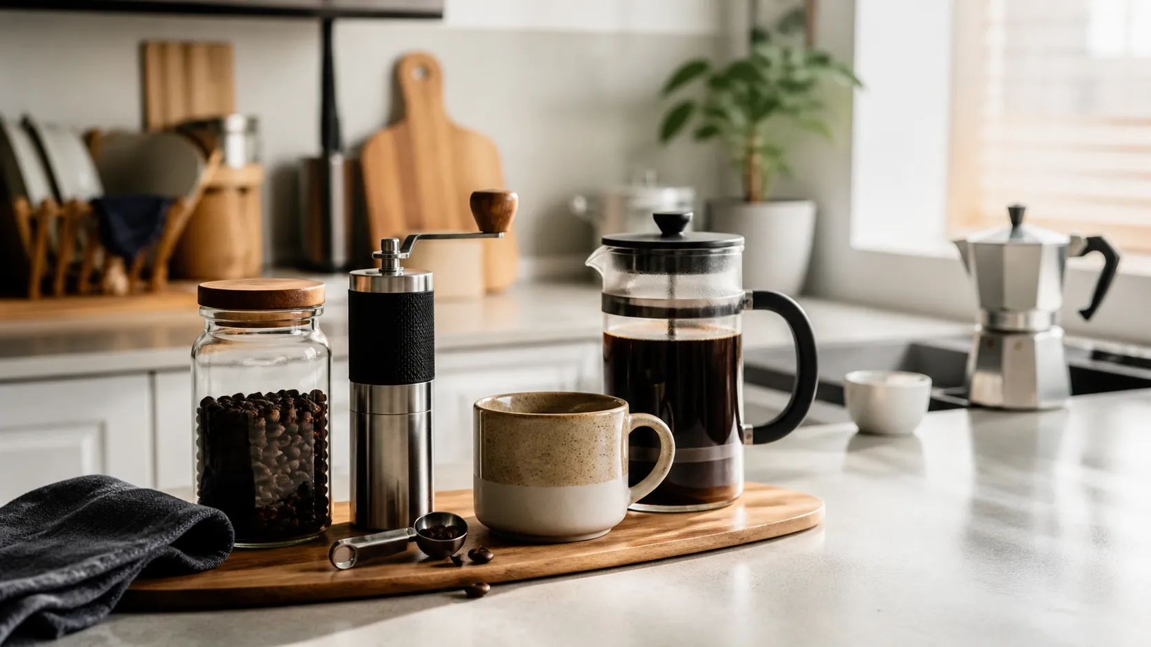 Cafeteira francesa, moedor manual, moka, caneca e grãos de café em bancada de cozinha