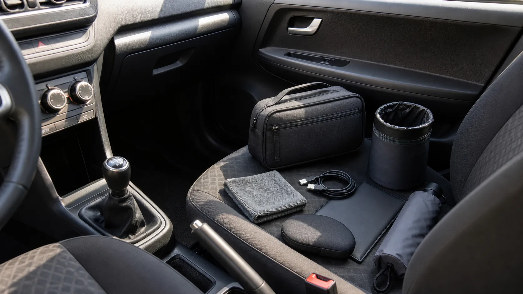 Interior de carro com nécessaire, pano de microfibra, cabo, lixeira pequena e itens de organização no banco do passageiro