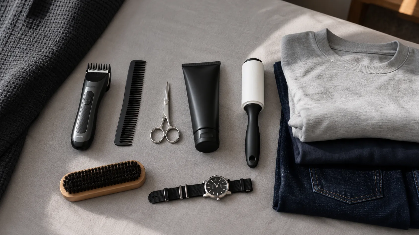 Aparador, pente, escova de roupa, creme, relógio e roupas dobradas sobre superfície clara