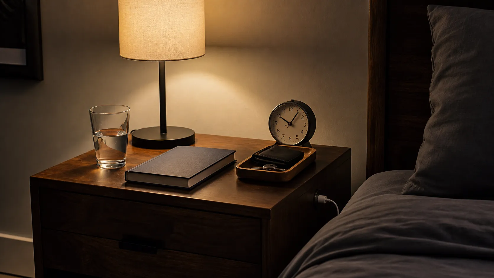 Mesa de cabeceira masculina organizada com luminária quente, livro, copo de água, relógio analógico, bandeja e carregador discreto ao lado da cama