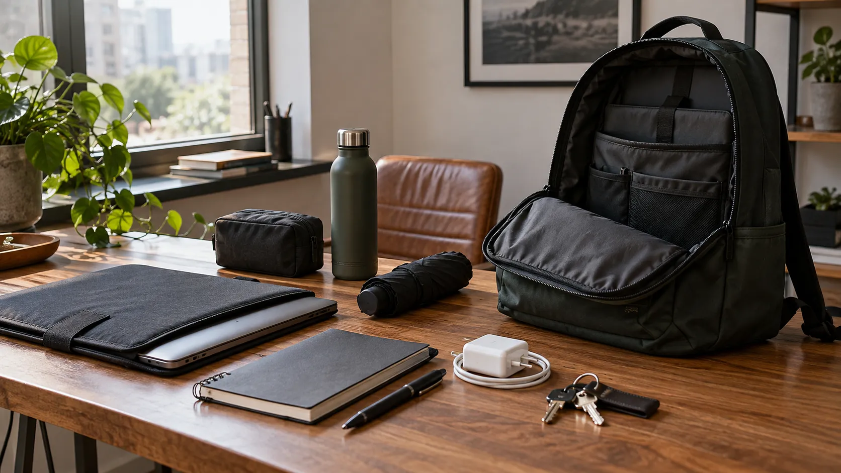 Mochila de trabalho aberta sobre mesa com laptop, caderno, carregador, garrafa, guarda-chuva e itens essenciais