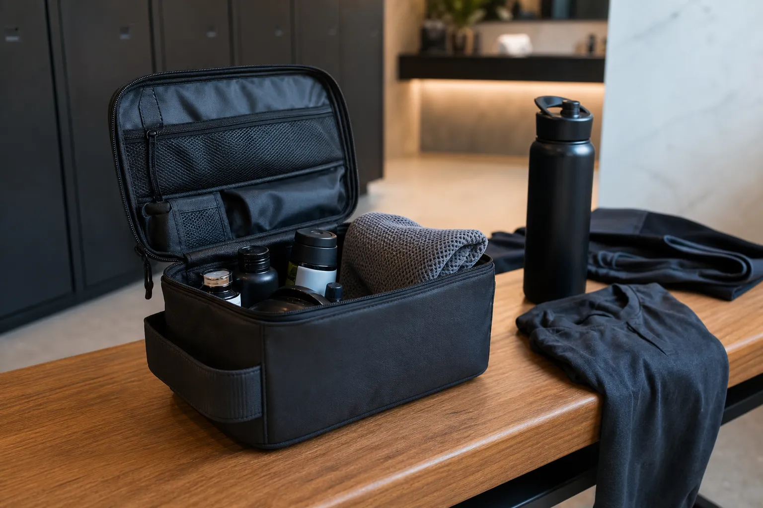 Necessaire masculina compacta aberta ao lado de itens de higiene e roupa de treino em um vestiário organizado