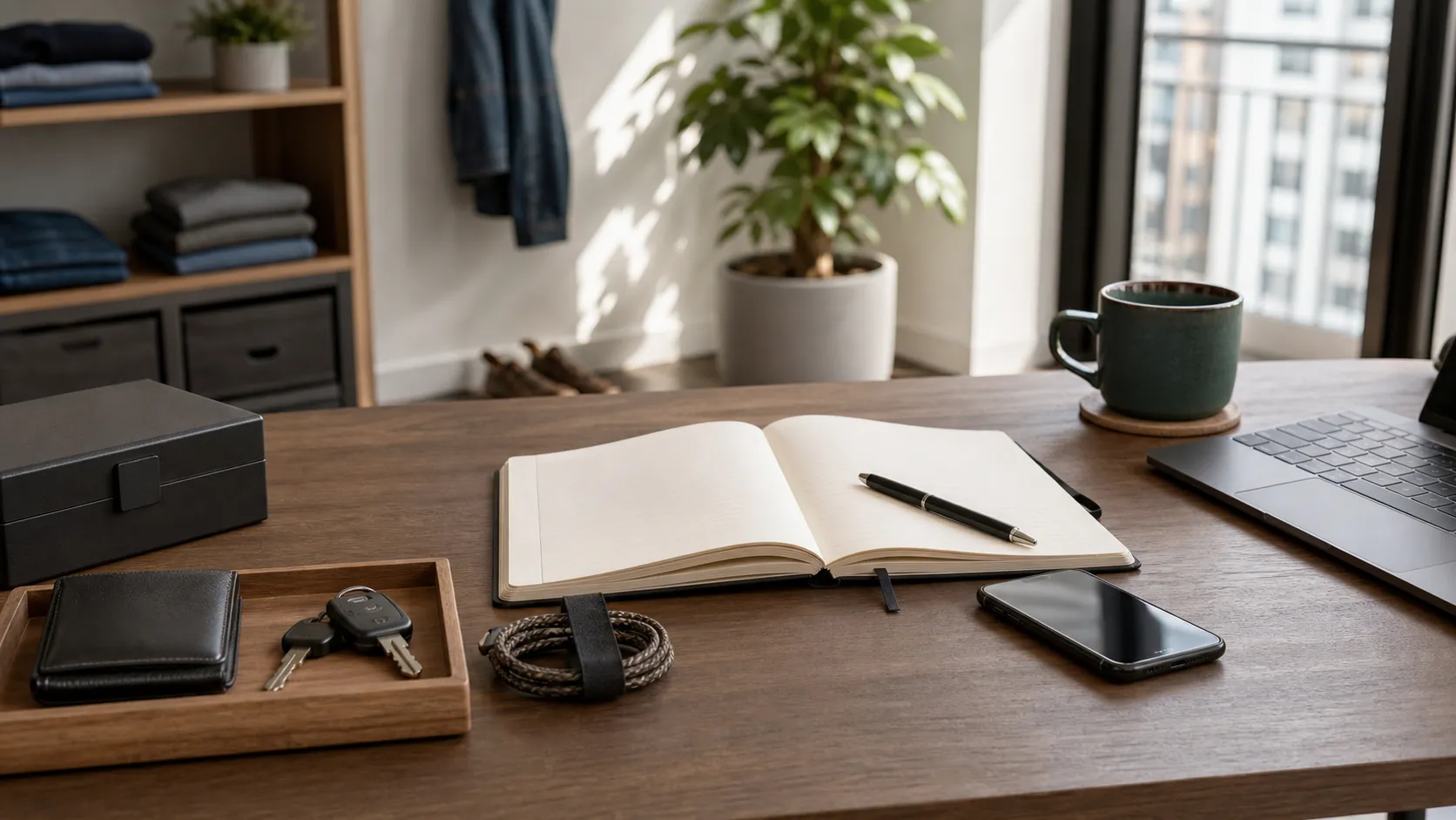 Mesa masculina organizada com caderno aberto, caneta, notebook, celular, chaves, carteira e caixa simples em um ambiente claro