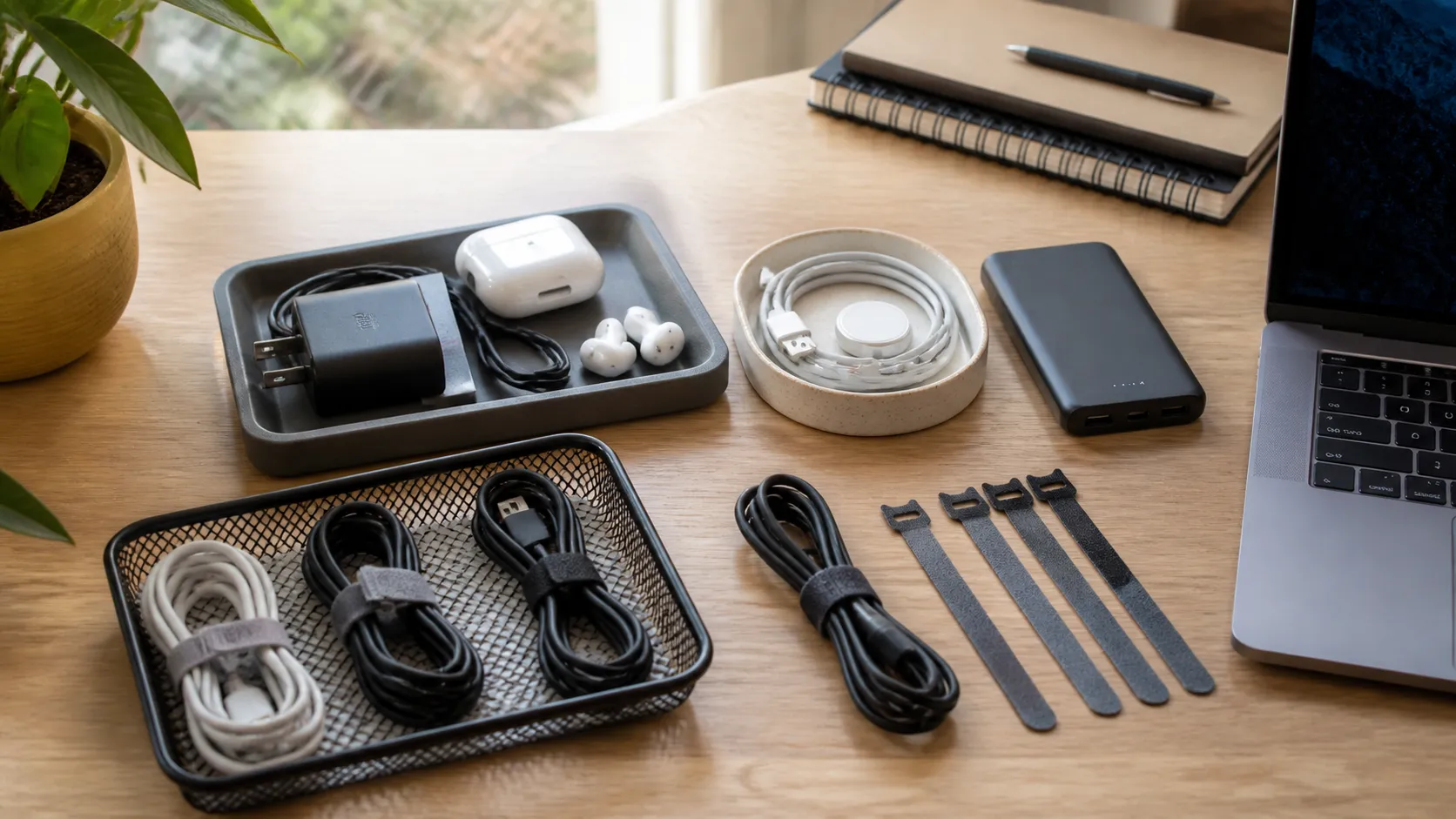 Cabos, carregadores, fones e power bank organizados em bandejas sobre mesa de trabalho