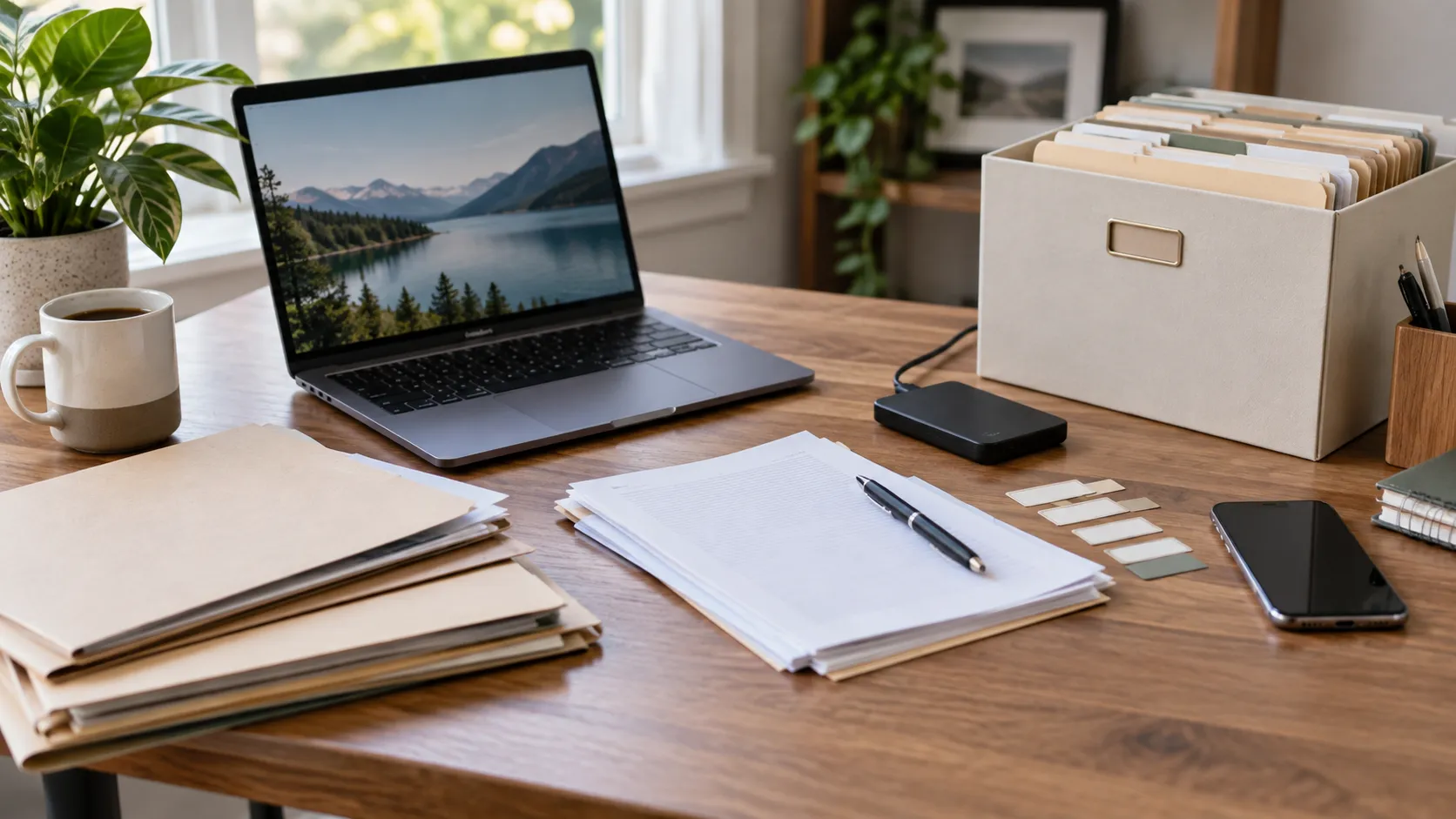 Mesa organizada com pastas, documentos genericos, notebook, etiquetas e caixa simples
