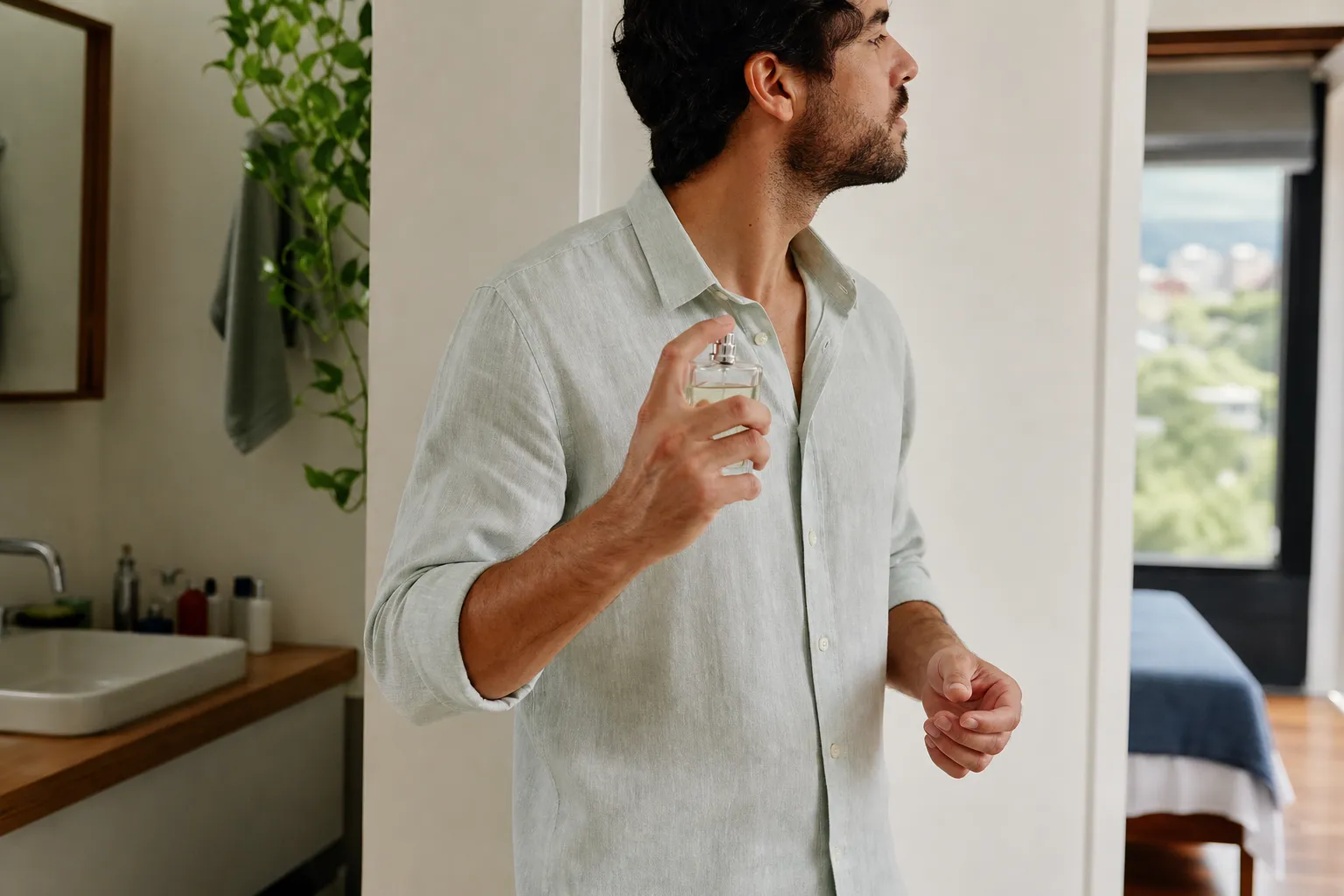 Homem de camisa clara aplicando perfume em ambiente iluminado por luz natural, com banheiro limpo e janela ao fundo