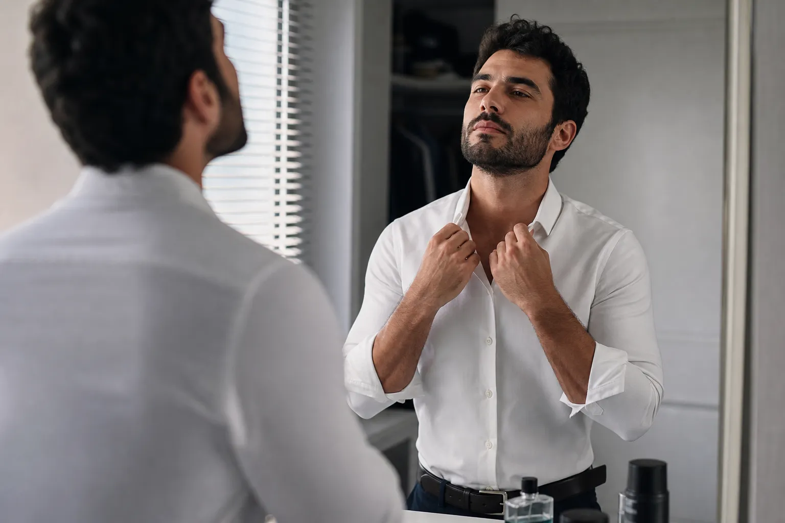 Homem se arrumando para o trabalho com um perfume discreto sobre a bancada
