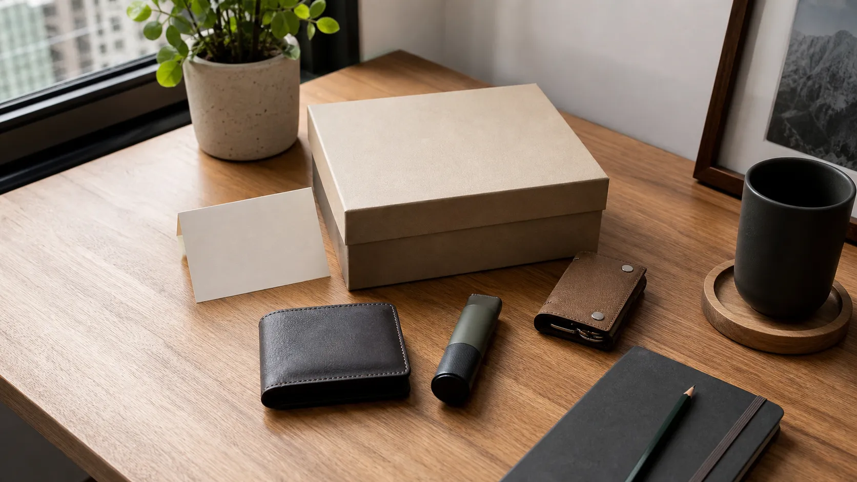 Mesa de madeira com caixa de presente discreta, cartão em branco, carteira, caderno, chaveiro e itens úteis organizados