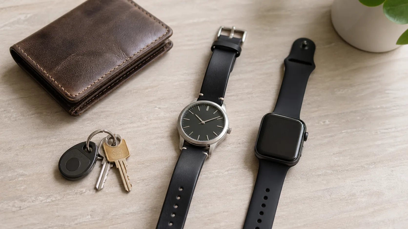 Relógio analógico masculino e smartwatch sobre mesa clara com carteira de couro e chaves