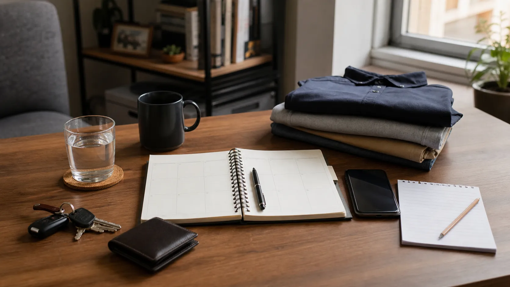Mesa de domingo organizada com agenda aberta, roupas dobradas, chave, carteira, celular, copo de água e bloco de anotações
