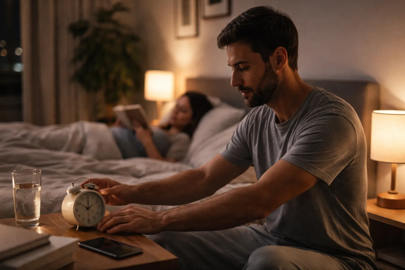 Ambiente noturno simples e tranquilo, com luz baixa