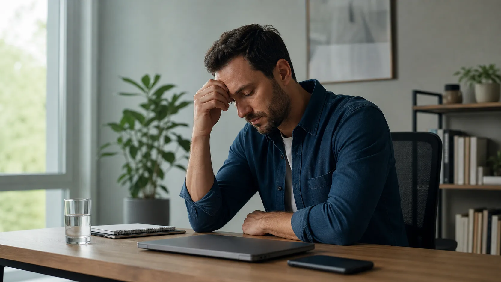 Homem cansado sentado em uma mesa de trabalho com notebook fechado, copo de água e caderno ao lado