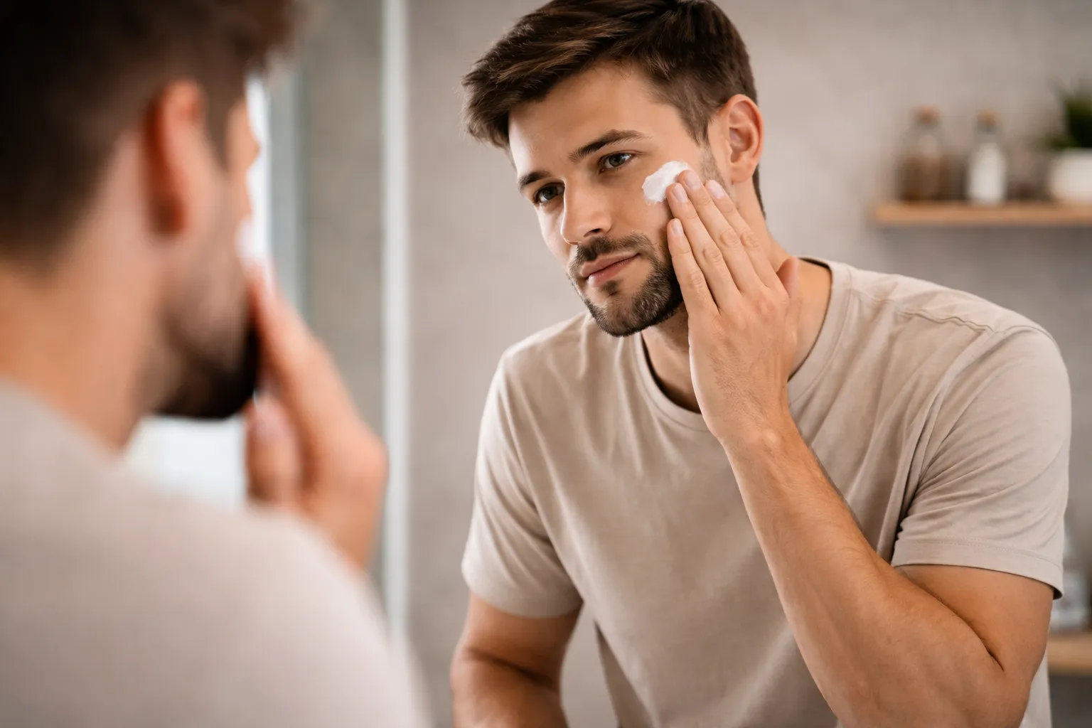 Homem aplicando cuidados básicos na pele
