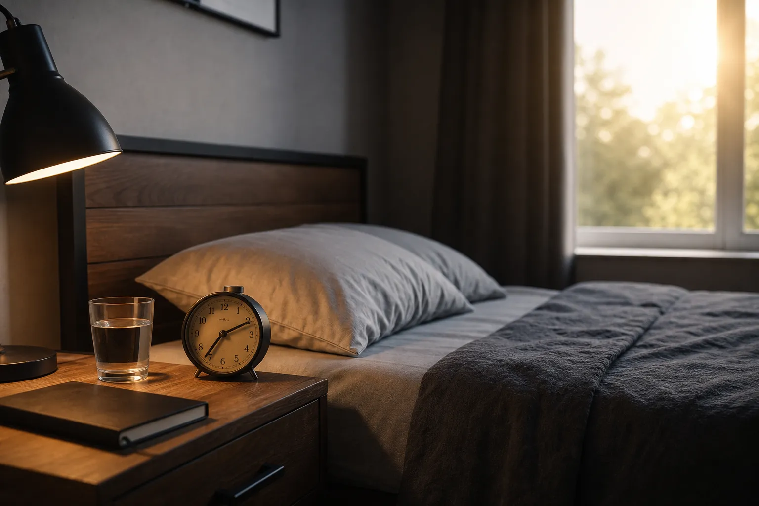 Quarto masculino simples com cama organizada, luminária acesa, copo de água, caderno fechado e relógio analógico na mesa de cabeceira